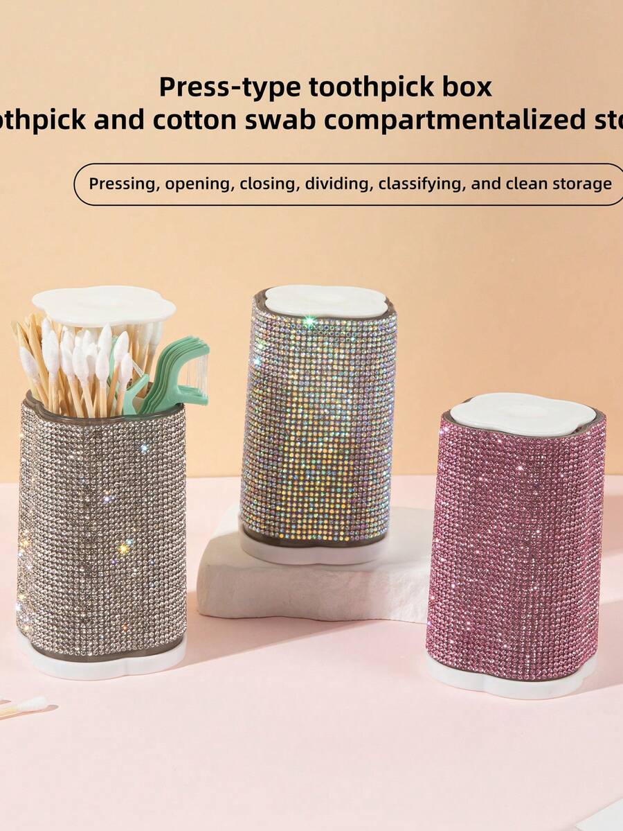 klimonla 1pc Diamond Studded 4-Compartment Cotton Swab Storage Tube, Can Hold Tissues, Cotton Balls, Cotton Swabs, Dental Floss, Bandages, Round 4-Grid Storage Canister - Multicolor - View 1