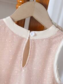 1 chiếc đầm không tay bằng vải lưới đính sequin, cổ bèo nhún và nơ, kiểu dáng thời trang cho bé gái. - Hồng - Xem 5