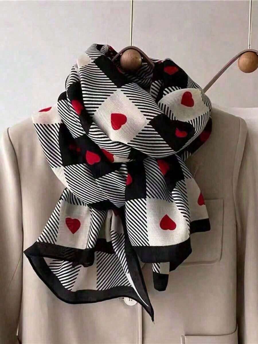 1 pieza Bufanda/Chal ligero con estampado de corazón para primavera y verano, versátil para invierno, otoño y el Día de San Valentín 39ST - Multicolor - Ver 1