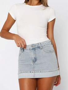 Women Mini Denim Skirt Mid Rise Folded Hem Short Bodycon Jean Skirts Stylish Summer Streetwear - Baby Blue - View 1