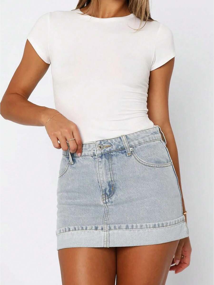 Women Mini Denim Skirt Mid Rise Folded Hem Short Bodycon Jean Skirts Stylish Summer Streetwear - Baby Blue - View 1