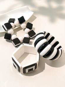 Brazalete clásico retro de contraste blanco y negro, diseño geométrico cuadrado único, accesorio de mujer versátil, adecuado para superposición y uso diario - Multicolor - Ver 6