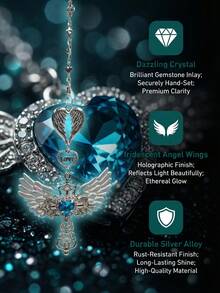 Guardian Angel Wing Cross Car Rear View Mirror Hanging Charm With Blue Crystal Heart & Love Decorative Pendant For Car Home Bag Bring Blessing & Protection On Every Drive Gift For Friends & Family - A - View 4