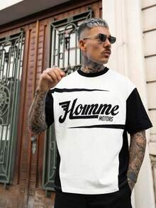 Camiseta holgada para hombre con contraste de color, patrón de letras y rayas de carreras, suave y cómoda para el verano - Blanco y Negro - Ver 2