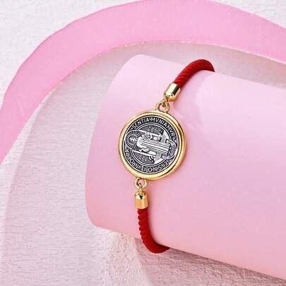 1pc Adjustable Red Cord St. Benedict Cross Pendant Bracelet, Gift For Women