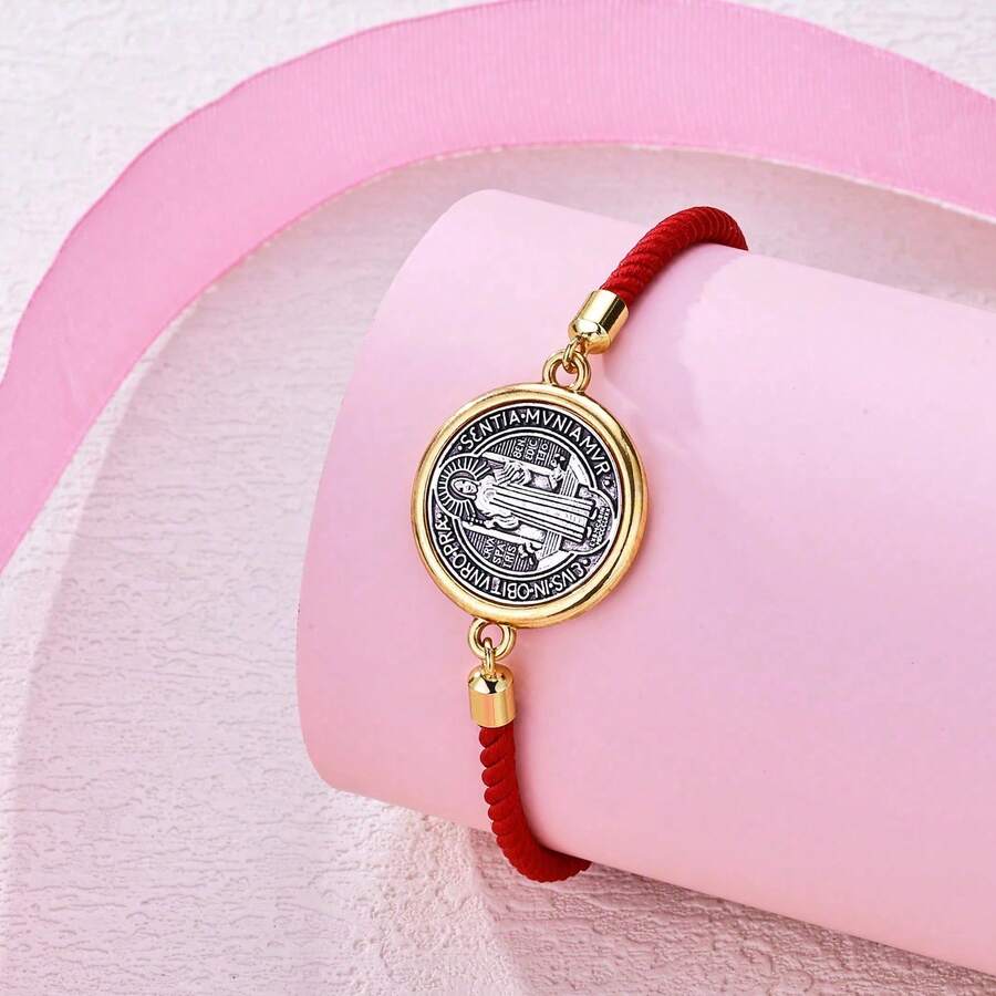 1pc Adjustable Red Cord St. Benedict Cross Pendant Bracelet, Gift For Women - Yellow Gold - View 1