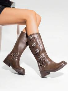 Women's Slip On Knee High Boots Square Toe Chunky Heel Classic Vintage Metallic Buckles Motorcycle Riding Boots - màu nâu - Xem 4