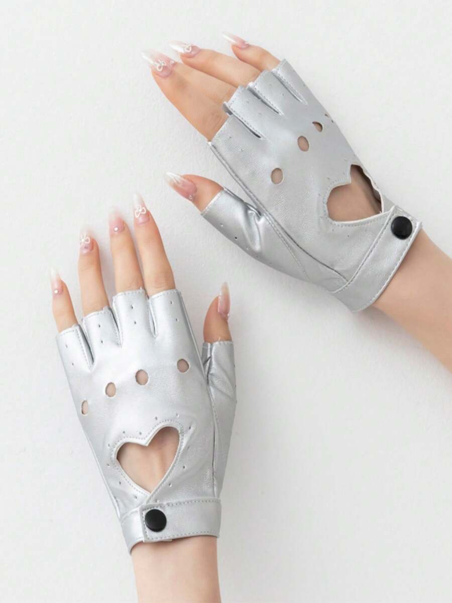 1 Pair Women's Heart-Shaped Leather Fingerless Gloves, Spring/Autumn