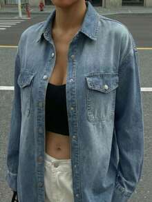 纯色休闲复古牛仔衬衫，纽扣设计，适合派对、海滩、约会、日常穿着，春夏皆宜。 - 淺藍色 - 查看 6