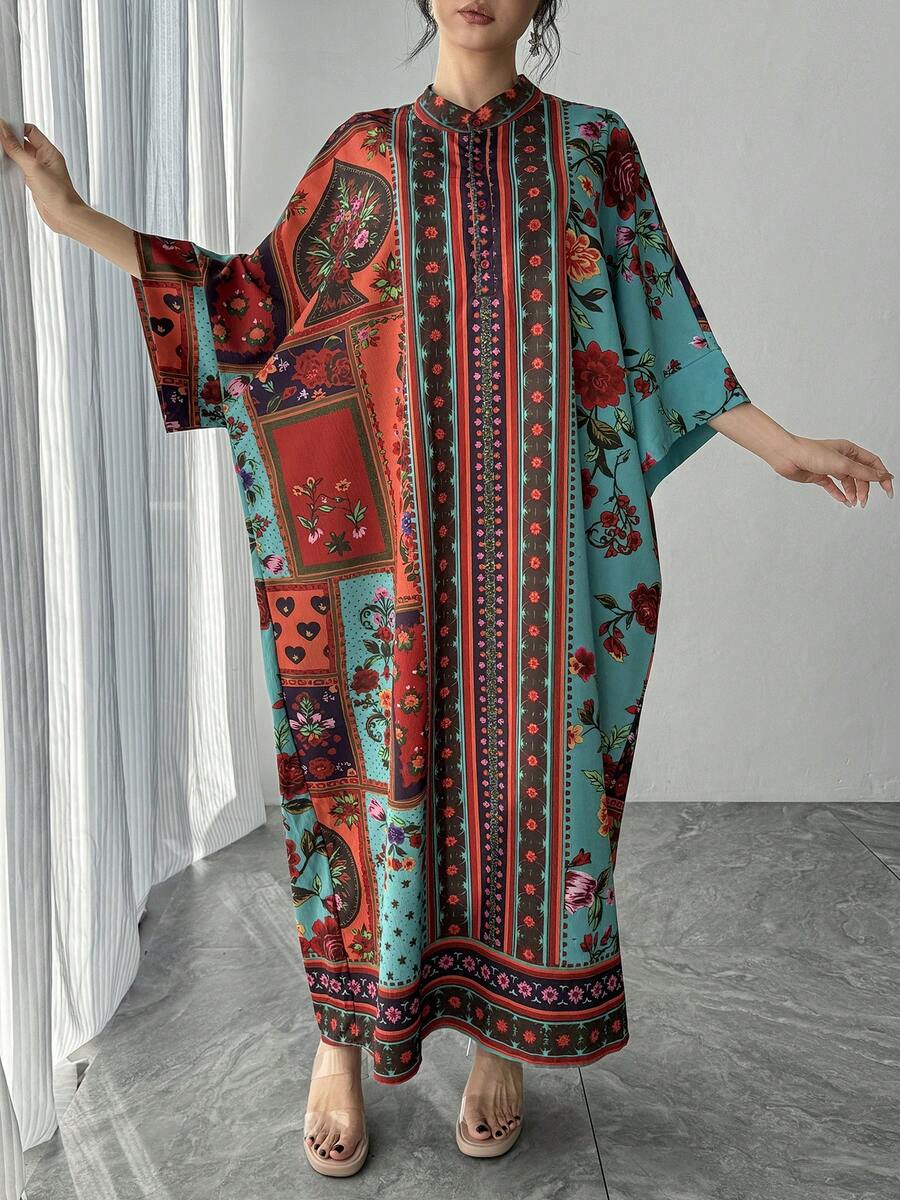 1pc Women's Arabic Abaya Dress, Contrast Color Placement Print, Stand Collar, Single-Breasted, Raglan Sleeve, Oversized, Long Casual Dress, Elegant Arabic Robe, Luxury Festival Evening Gown, Arabic Women Clothing Loose Robe - Multicolor - View 1