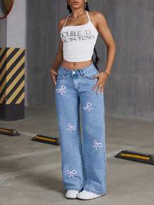 Tween Girls Loose Fitting Comfortable Butterfly Print Denim Straight Leg Wide Leg Pants - Medium Wash - View 3