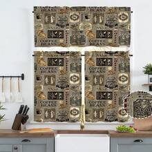 3pcs Coffee Themed Linen Curtains, 2D Flat Design, Suitable For Kitchen, Cafe - Multicolor - View 1