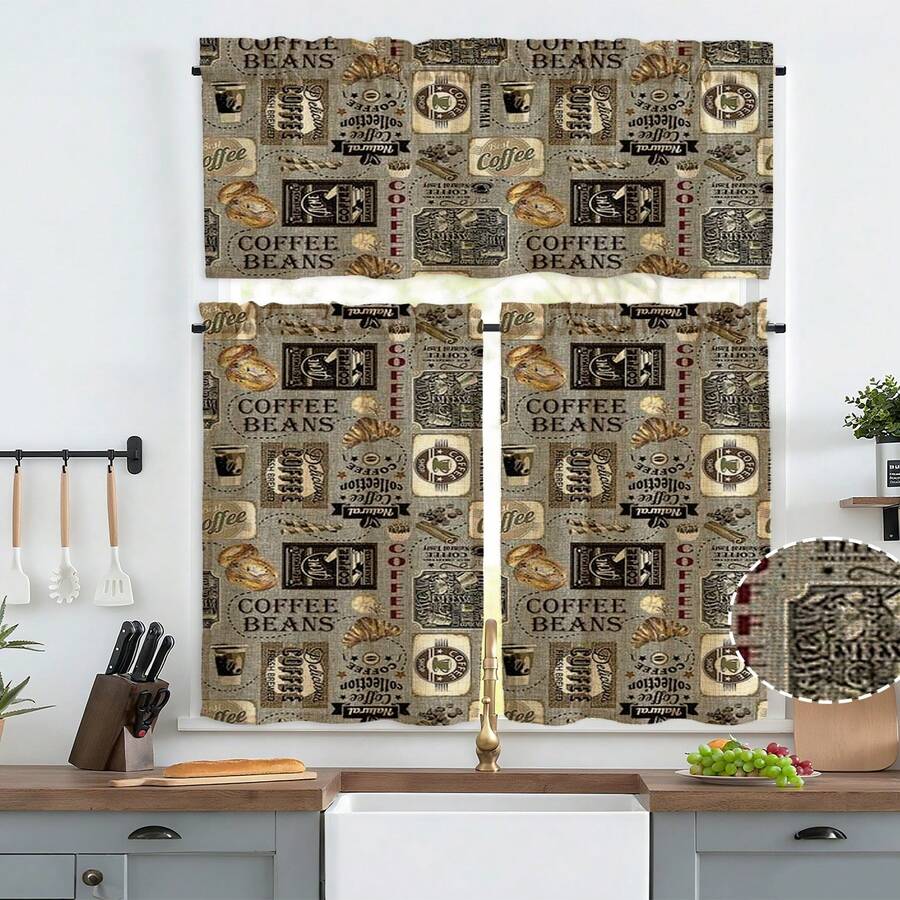 3pcs Coffee Themed Linen Curtains, 2D Flat Design, Suitable For Kitchen, Cafe - Multicolor - View 1