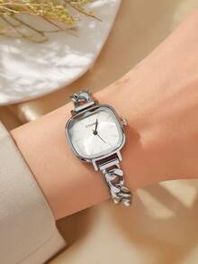 1 件女士时尚方形石英表，简约刻度，高品质镀金商务不锈钢表带石英表，适合生日、周年纪念、万圣节、礼物 - 金色 - 查看 8