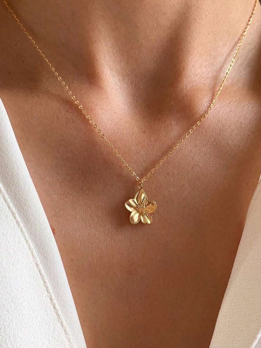 1pc Elegant Flower Necklace, Stainless Steel Clavicle Necklace, Plumeria Necklace, Bohemian Style Necklace, Birthday Gift, Gift For Her - Necklace - View 1