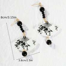 1 Pair Fashionable Retro Chinese Style Long Silvery Needle Ink Painting Fan Shaped Resin Earrings For Women - 1 - 查看 2