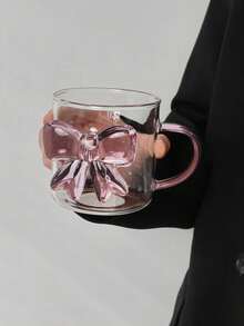 1pc Ins Style Three-Dimensional Pink Bow Transparent Glass Cup, Cute Girly Heart Handle Heat-Resistant Coffee Cup Breakfast Cup, Home Office Internet Celebrity Water Cup - Multicolor - View 2