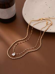 Nooxian 2pcs Women's Sparkling Sugar Cube Necklace Set, Double-Layer Stylish Personalized Necklace Combination - Yellow Gold - View 6