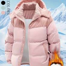 1pc Men's Winter Windproof Vintage Jacket With Detachable Hood - Loose Fit Zippered Coat Suitable For Weather, Casual Outerwear, Machine Washable Warm Coat () - 粉色 - 查看 1