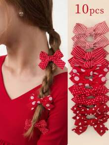 10件套花朵蝴蝶结发夹，红色波点蝴蝶结，米色，棕色，黑色格子蝴蝶结发饰，适合日常或返校佩戴 - 彩色 - 查看 2