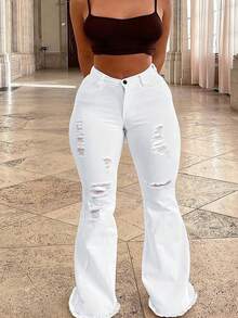 Plus Size Women's Mid-Rise Flared Jeans, Sexy Ripped Elastic Raw Hem Denim Flared Pants, Casual Wear Fashion Trousers,Valentine Outfits For Women - White - View 5