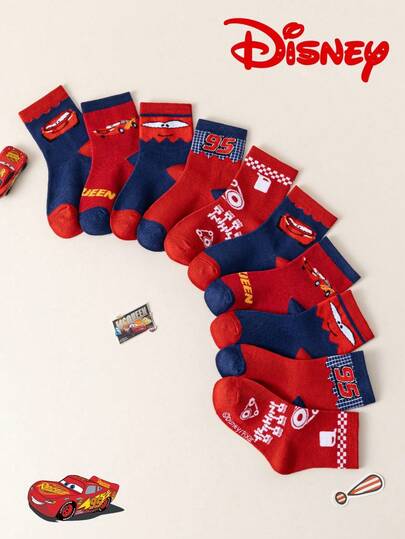 Disney 5双迪士尼汽车卡通儿童袜子，加厚保暖袜，男女童皆宜，新奇礼物袜，适合春秋季节，迪士尼红色袜子