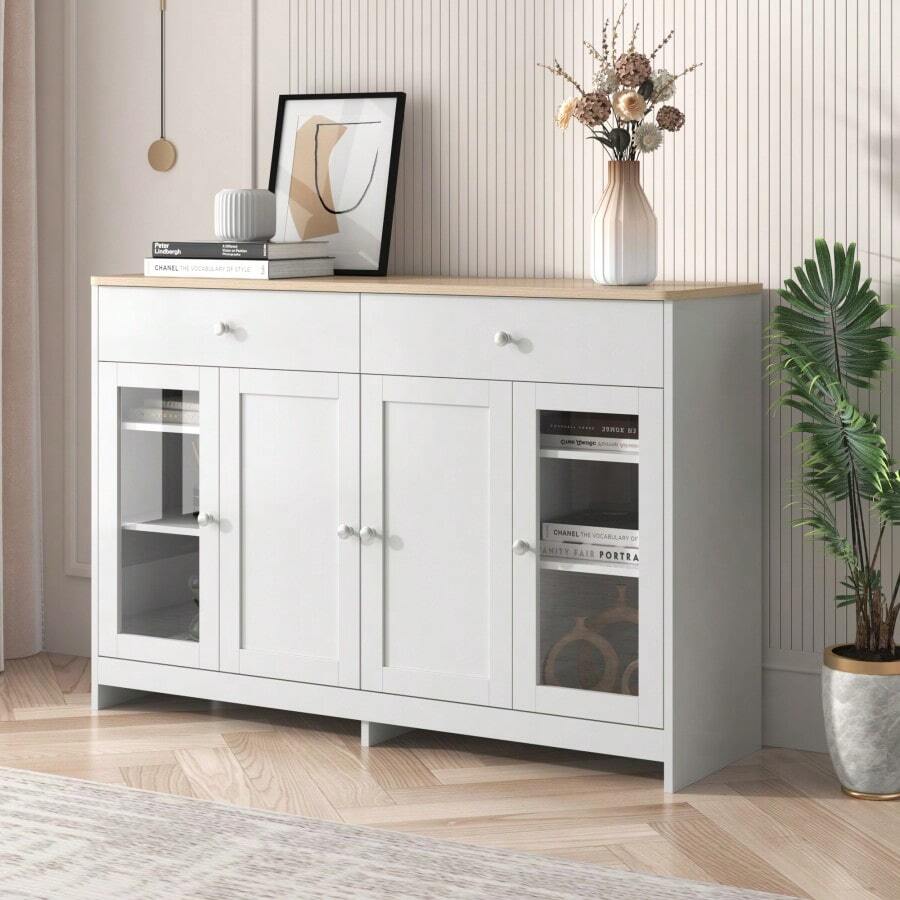 Sideboard mit weißer Holzmaserung, vier Türen, mit zwei Schubladen, Tür mit Glas. Wohnzimmer, Esszimmer. Holzfarbe und Weiß - Weiss - Übersicht 1