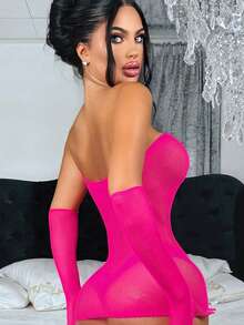 Bộ đồ lót Giáng sinh gợi cảm dành cho nữ, áo liền quần lưới sexy, đồ lót lưới hình gấu bông, bao gồm găng tay và áo khoác ngoài bikini. - Màu Hồng Tươi - Xem 2