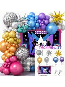 110pcs  Disco-Themed Party Decoration Set - Colorful Balloon Arch Kit With Happy Birthday Banner, Suitable For Birthdays, Christmas, Halloween, And Various Celebrations, Party Decorations | Retro Party Decorations | Durable Party Decorations, Disco Party Decorations, Metallic Pink And Purple Balloons, Party Supplies, Party Decor, Halloween Decorations,Guardianship - 彩色 - 查看 6