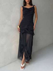 Faeriesty 黑色无袖高领雪纺连衣裙，层叠荷叶边下摆，收腰设计，不对称飘逸裙摆——优雅复古性感风格，是周末早午餐、浪漫约会、艺术画廊开幕式、城市漫步和夏季郊游的理想之选（不含腰带）