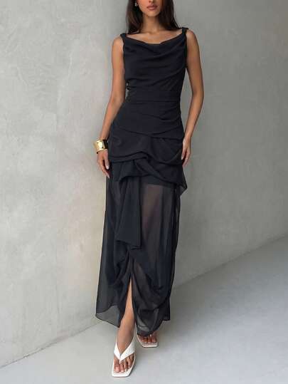 Faeriesty 黑色无袖高领雪纺连衣裙，层叠荷叶边下摆，收腰设计，不对称飘逸裙摆——优雅复古性感风格，是周末早午餐、浪漫约会、艺术画廊开幕式、城市漫步和夏季郊游的理想之选（不含腰带）