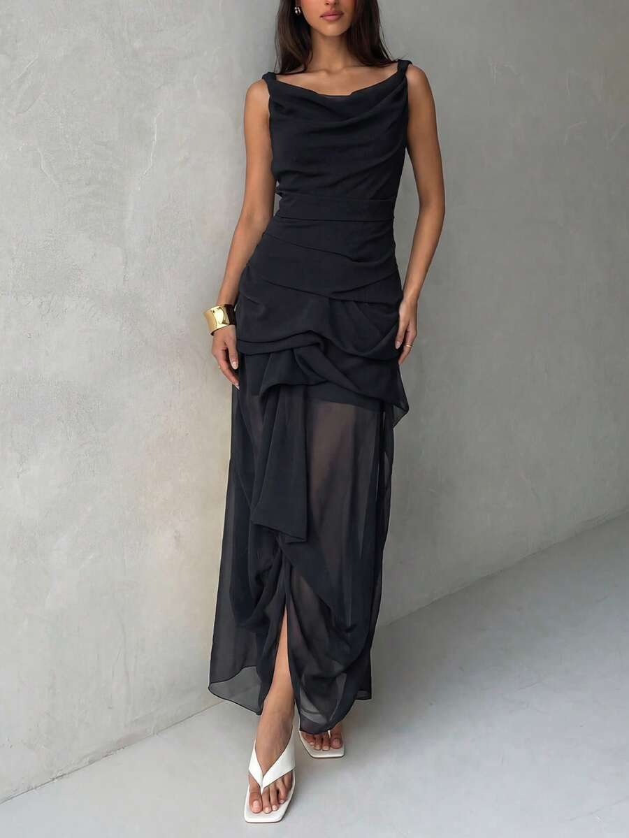 Faeriesty 黑色无袖高领雪纺连衣裙，层叠荷叶边下摆，收腰设计，不对称飘逸裙摆——优雅复古性感风格，是周末早午餐、浪漫约会、艺术画廊开幕式、城市漫步和夏季郊游的理想之选（不含腰带）