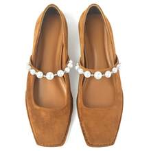 Flats For Women, Mary Jane Ballet Flats With Pearl Strap Square Toe Ballerina Walking Wedding Bride Party Dress Shoes - 棕色 - 查看 4