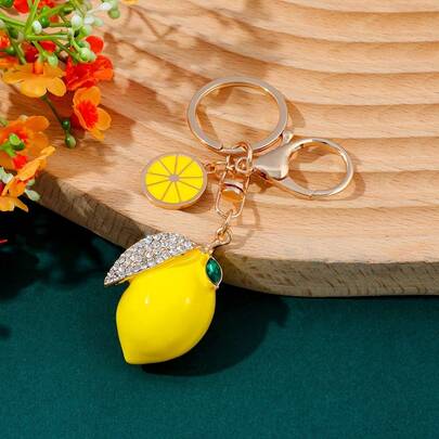 Stylish Lemon Keychain With Rhinestones – Sparkling Yellow Pendant With Green Faux Gem, Durable Metal, Perfect Daily Bag & Key Accessory