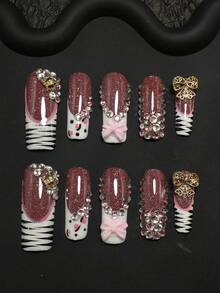 10片装3.3厘米手工方形美甲贴片套装，饰以水钻、条纹和蝴蝶结，适合女性和女孩，可用于情人节、派对、节日和日常佩戴。美甲配件，亚克力美甲套装，包含套装、手工压制美甲贴片、假指甲贴纸和美甲用品。手工按压式美甲贴片 - 彩色 - 查看 2