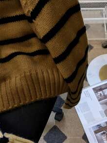 新款女士休闲条纹撞色翻领长袖针织衫 - 卡其色 - 查看 3