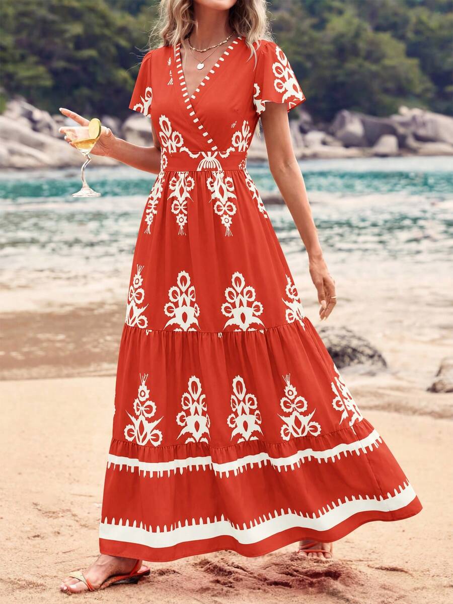 Women's Casual Summer V-Neck Bohemian Dress Flowing A-Line Flared Sleeves Multi-Layered Floral Dress With Pockets - 磚紅底白花色 - 查看 1