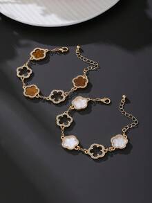 2pcs Luxurious High-End Clover Rhinestone Embellished Brown & White Bracelet Set For Women, Stackable/Versatile - Multicolor - View 2