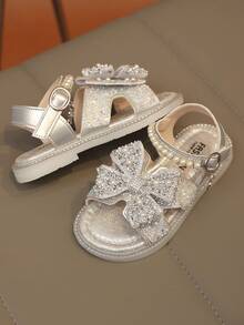 1 Pair Girls' Bow Sequin Sandals, Leather Hollow Out Summer Flat Rhinestone Hook And Loop Sandals, New Open Toe Cute Sweet Style Flat Shoes, Children Sandals, Outdoor Beach Sandals, Round Toe Casual, Dance, Wedding, Party Princess Shoes - Silver - View 5