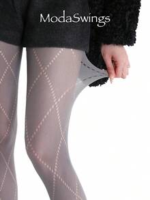 1双女士保暖过膝袜，休闲百搭灰色打底裤，日本JK菱形网眼加厚过膝袜，适合秋冬季穿着 - 灰色 - 查看 3