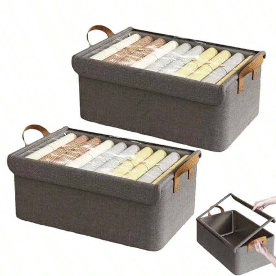 Organizador de Ropa para Closet 2 Piezas Cajas Organizadoras De Tela Con Tapa Y Soporte De Acero Caja De Almacenamiento Plegables Cajones Organizador Organizadores de Ropa y Papeleras para Dormitorio - Gris - Ver 1