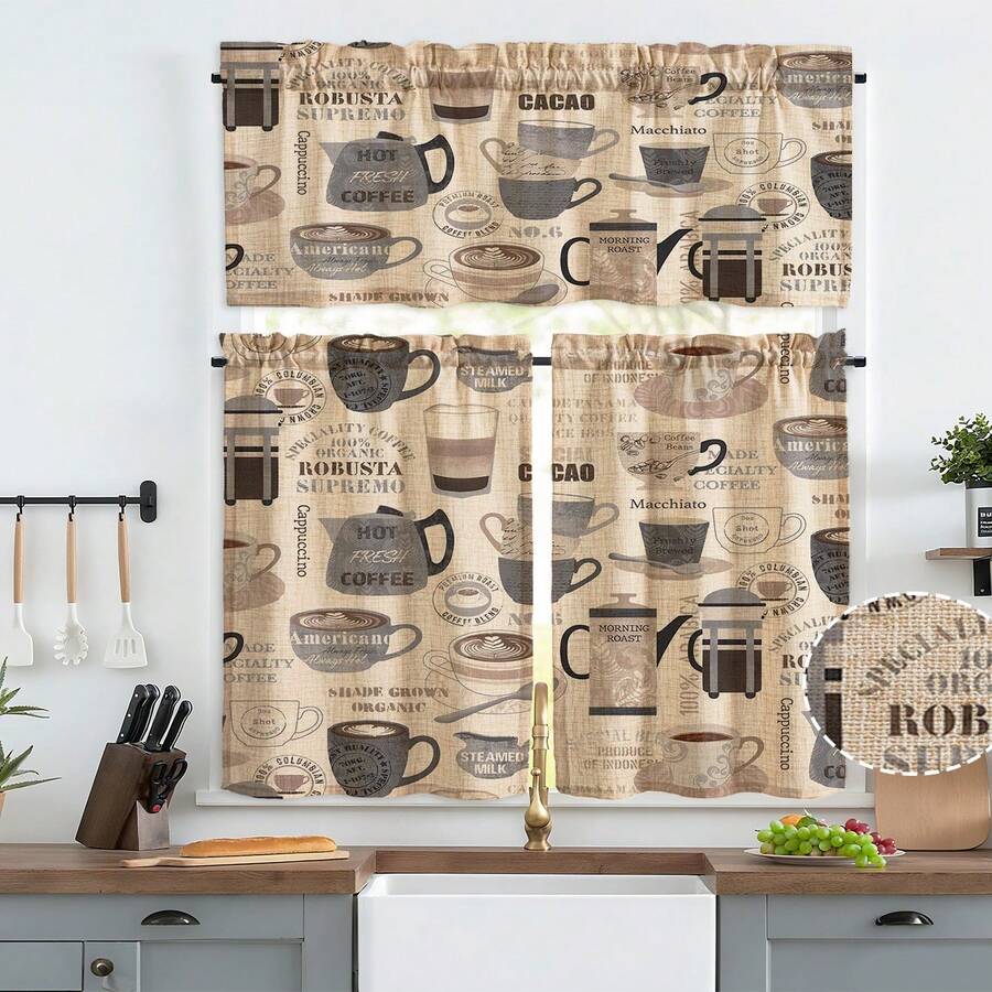 3pcs Coffee Themed Linen Curtains, 2D Flat Design, Suitable For Kitchen & Cafe, Retro Print Semi-Sheer - Multicolor - View 1