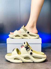 Men's Summer Letter Print Non-Slip Casual Slippers, EVA Lace-Up Hollow Breathable House, Beach, Water Shoes, Unisex Couple Styles - Green - View 9