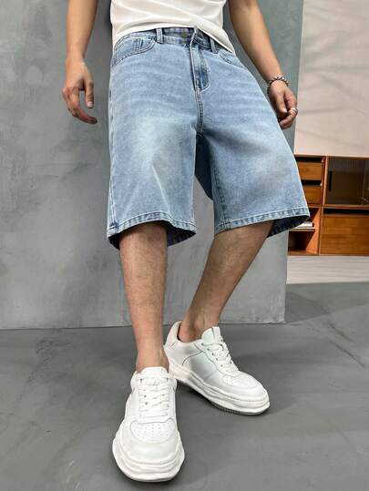  MODCRASH Men's Front Button Pocket Casual Denim Shorts, Vintage Washed Blue Classic American Street Style Bermuda Denim Shorts Jorts, Great Gift For Boyfriend/Husband