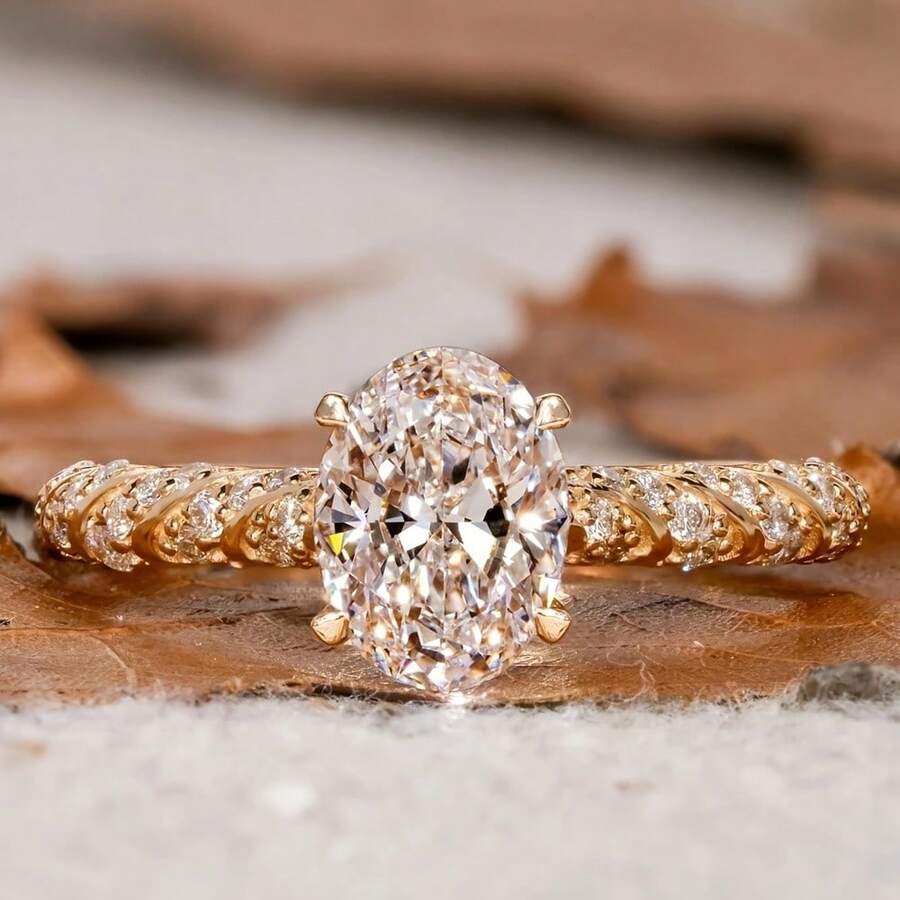 18K镀金椭圆形锆石精致奢华复古婚礼派对戒指,女士款 - 金色 - 查看 1