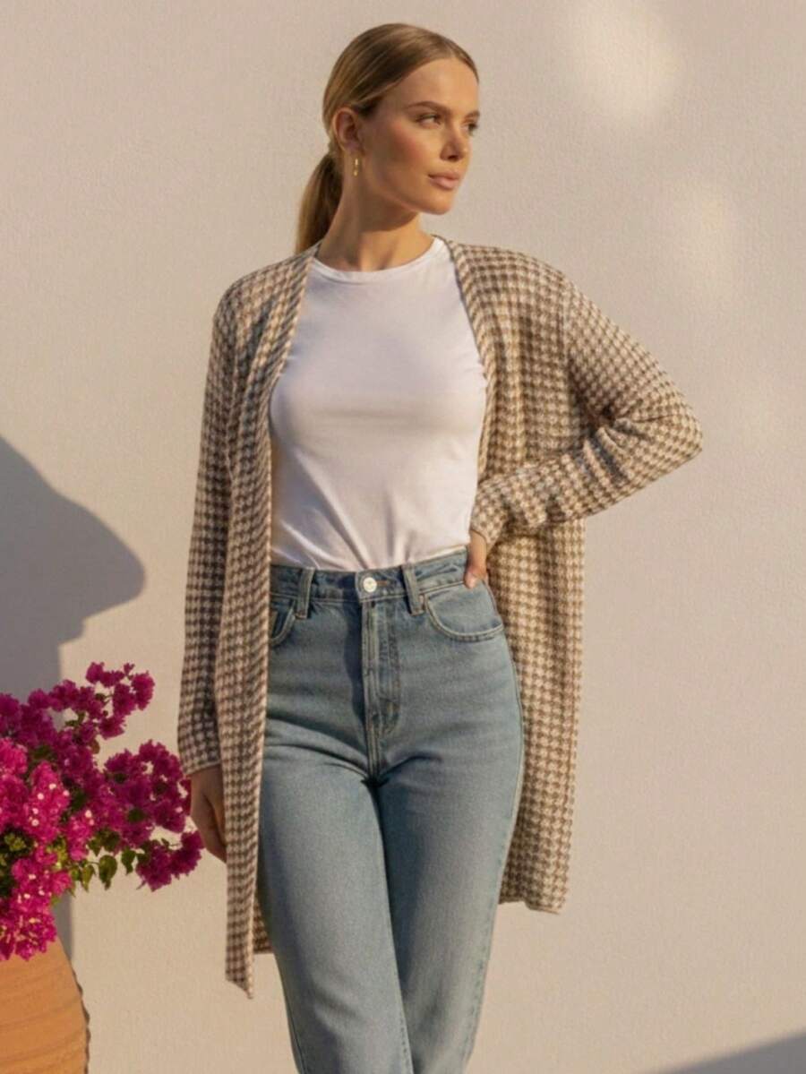 Blusa Feminina Tricot Meia Estação Manga Longa Texturizada Casaco Blazer Casual Tricô Inverno