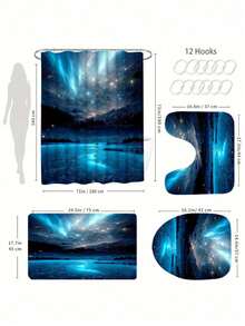 Juego de 4 piezas para el baño con diseño de cielo nocturno polar - Alfombra de baño antideslizante, alfombra en forma de U para el inodoro, tapa del inodoro, 12 ganchos - Decoración para el baño - Multicolor - Ver 7