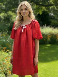 Women's Summer Mini Dress Short Puff Sleeve Square Neck Solid Color Satin Dress - Red - View 2