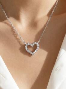 1pc Rhinestone Hollow Heart Pendant Necklace, Valentine's Day - Silver - View 6