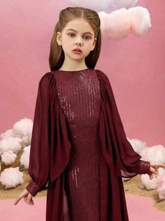 女童亮片装饰灯笼袖圆领化装裙